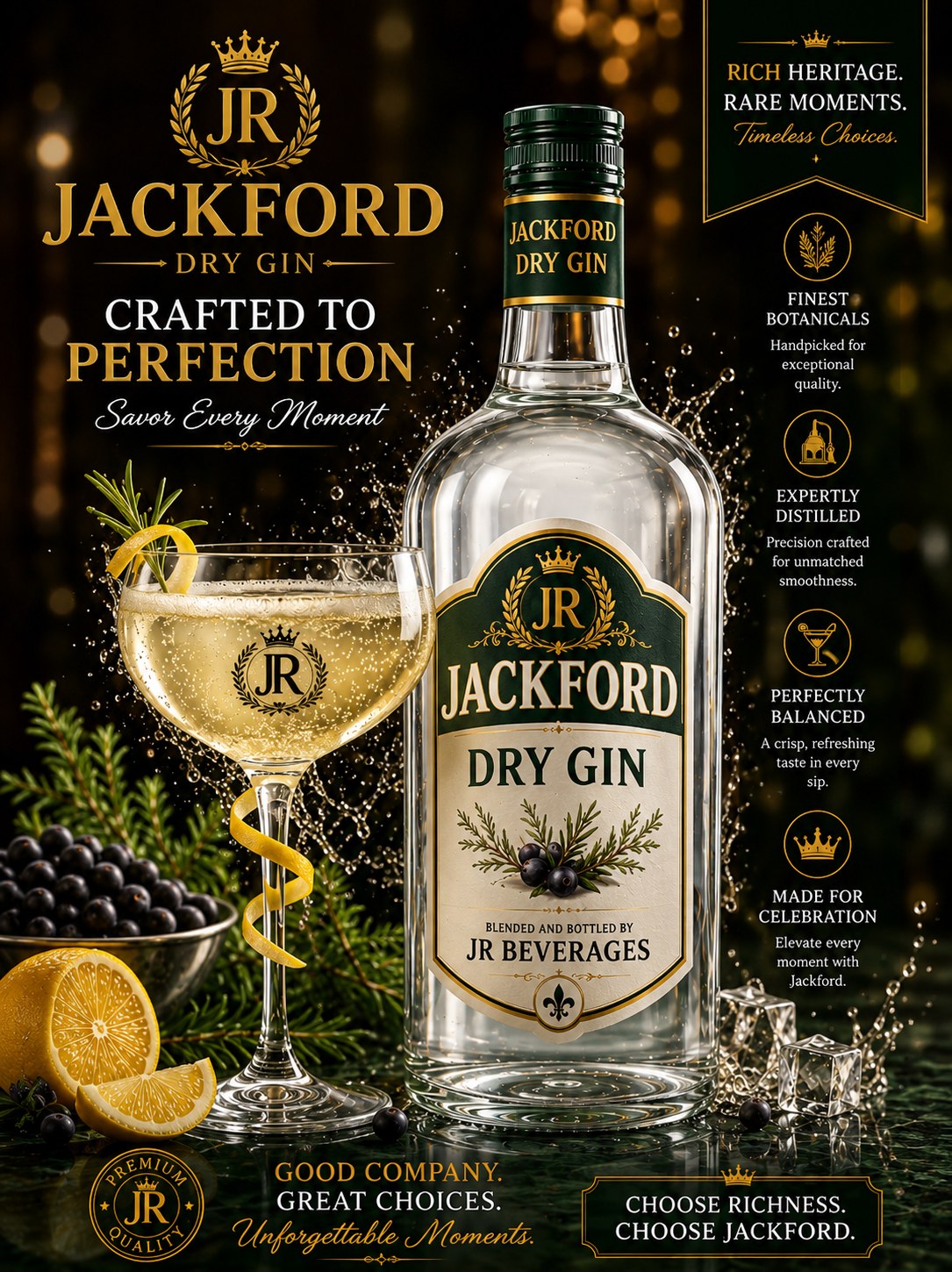Jackford Dry Gin bottle with a garnished cocktail