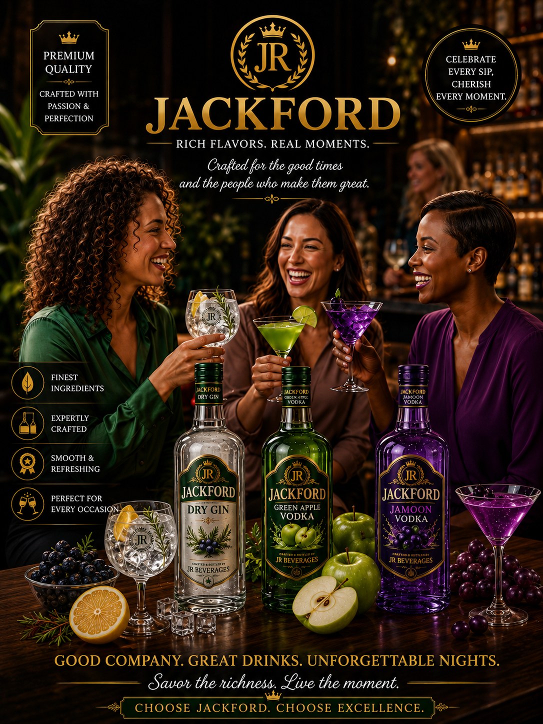 Jackford Dry Gin, Green Apple Vodka and Jamoon Vodka being enjoyed